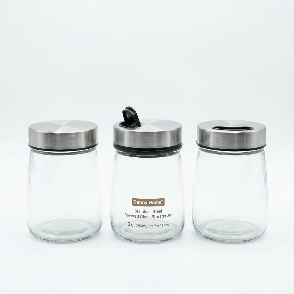 Set 3 Kavanozë Qelqi me Kapak Inoksi Danny Home 250 ml për Kuzhinë