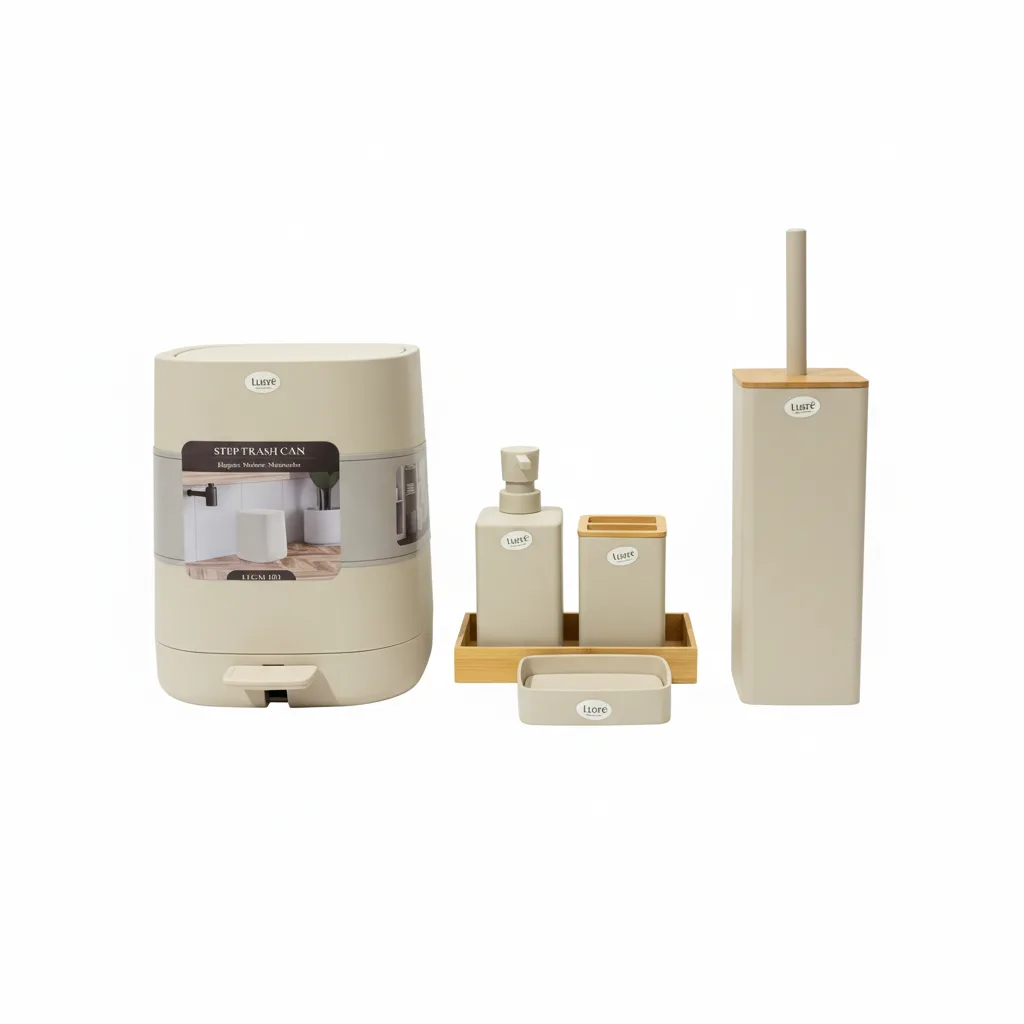 Set Aksesore Banje Luere 6 Pjesë, Bezhe me Detaje Druri – Dizajn Modern Minimalist