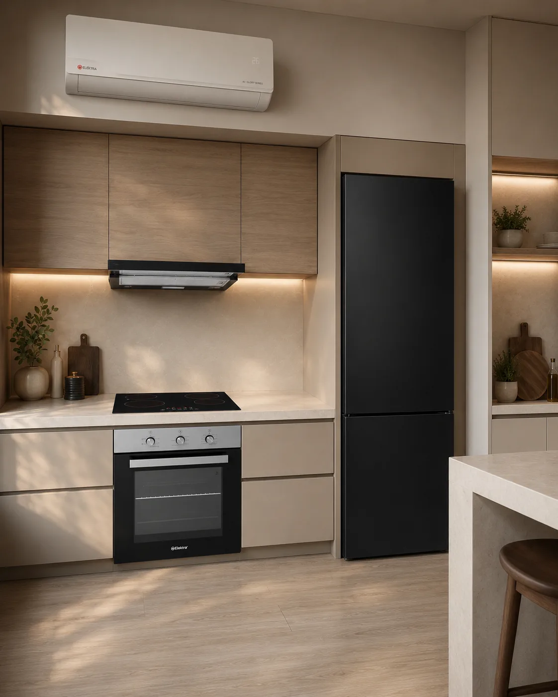 Set Elektra me Furrë 65L, Pianurë Qeramike 60cm, Aspirator, Frigorifer EF-ZKN18511TGS 310L No Frost Inverter & Kondicioner "GLORY SERIES" EK-ZI1210AGL 12000BTU A+++/A++ WIFI