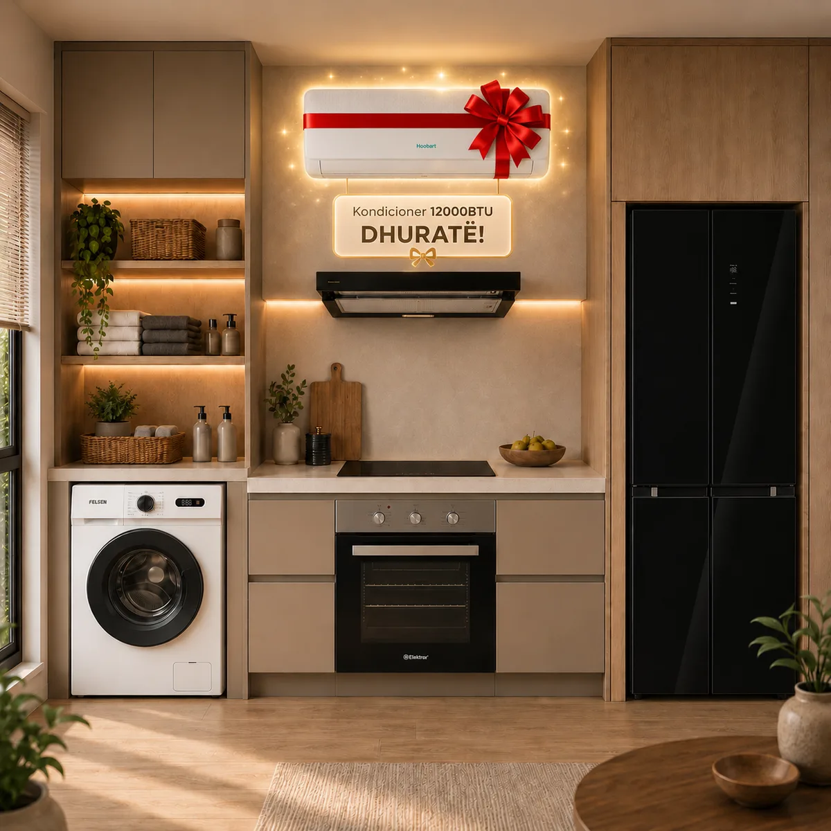 Set Elektroshtëpiake Elektra + Felsen + Hoobart me Frigorifer Four Door 474L, Set Inkaso, Lavatrice 10kg dhe Kondicioner 12000BTU Dhuratë
