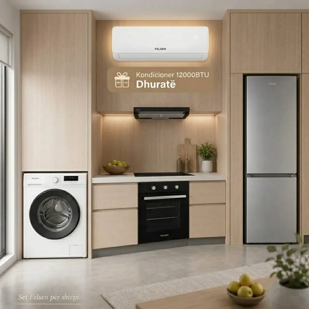 Set Felsen me Furrë 71L, Pianurë Qeramike, Aspirator 400m³/h, Frigorifer No Frost 253L, Lavatriçe 6kg dhe Kondicioner 12000BTU Dhuratë