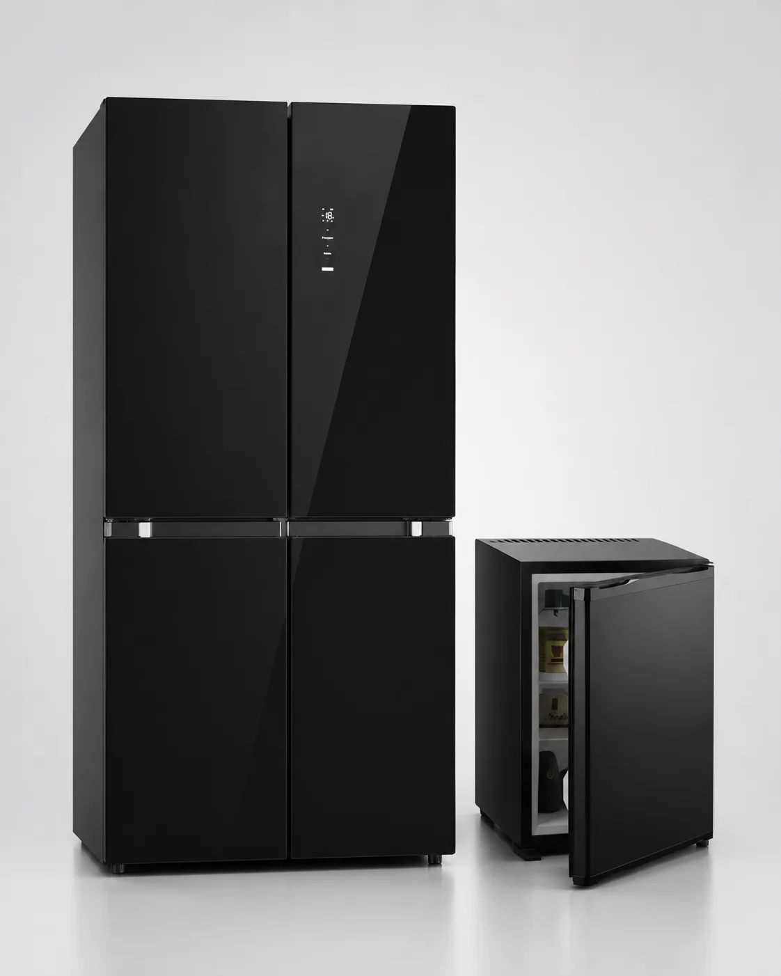 Set Frigorifer Elektra EF-XFD17761AGS Four Door 474L No Frost Black Glass + Frigorifer Elektra Minibar EF-XM0565HNBL 33L