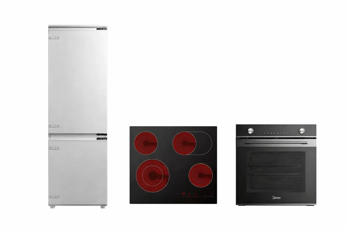 Set Frigorifer Midea KG178SENF 248L No Frost Incasso Klasa E + Furre Midea MO 713 TDE BK 72L A+ + Pianure Midea MCH722F220K0 60cm