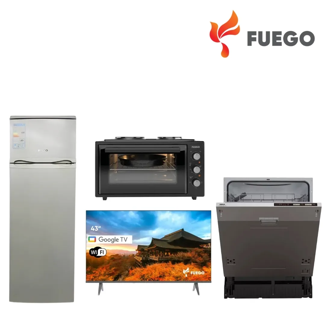 Set Fuego Elektroshtepiake me TV 43″, Frigorifer 217L, Lavastovilje & Mini Furrë