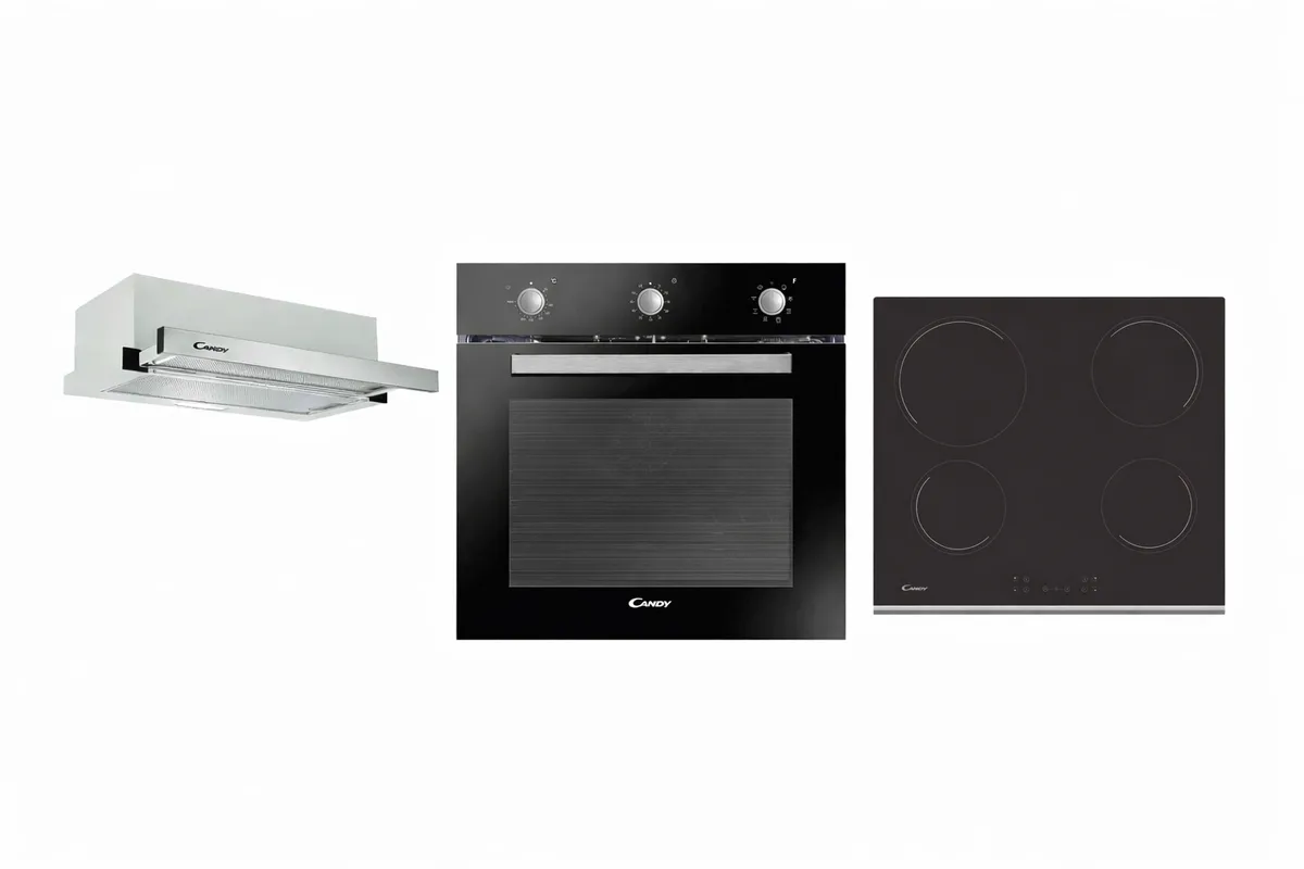 Set Inkaso CANDY – Furrë FCP602NXL/E 65L A+ + Pianurë Induksioni CH64XB 60 cm + Aspirator CBT6130/3X