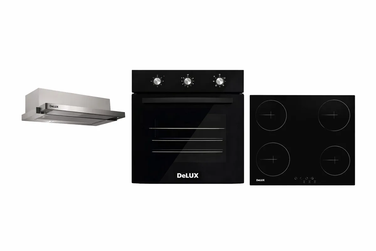 Set Inkaso DELUX – Furrë DLX 61 VN + Pianurë DLX 604 N + Aspirator DLX0062GX 60 cm