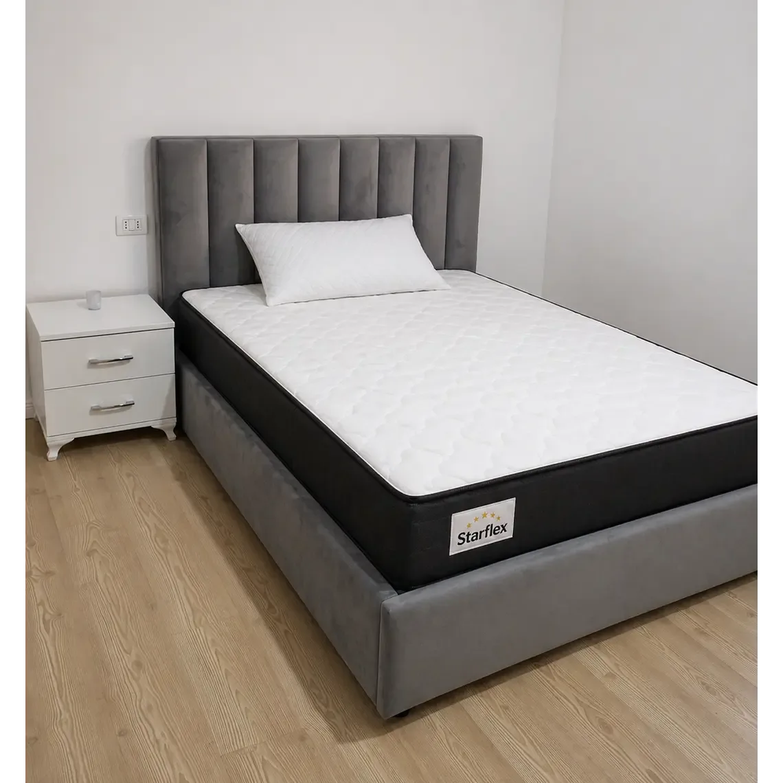 Krevat Comfort – Ngjyre gri (90x190) + Dyshek Starflex 19x90x190cm + Jastëk Komfort 40x60 / Zgare Krevati