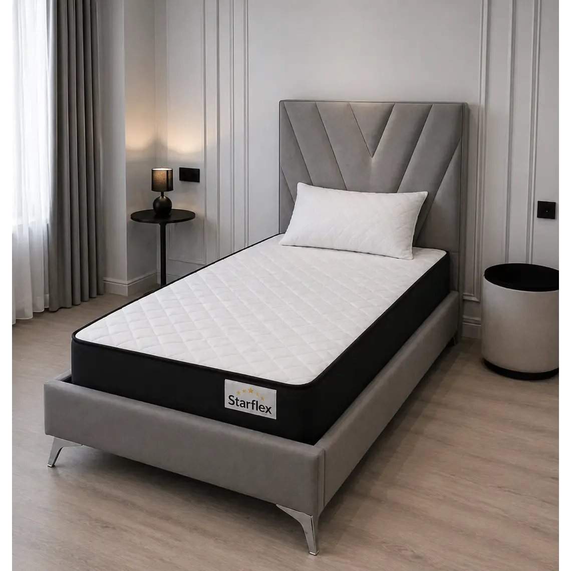 Krevat Siena - Ngjyre gri (90x190) + Dyshek Starflex 19x90x190cm + Jastëk Komfort 40x60 / Zgare Krevati