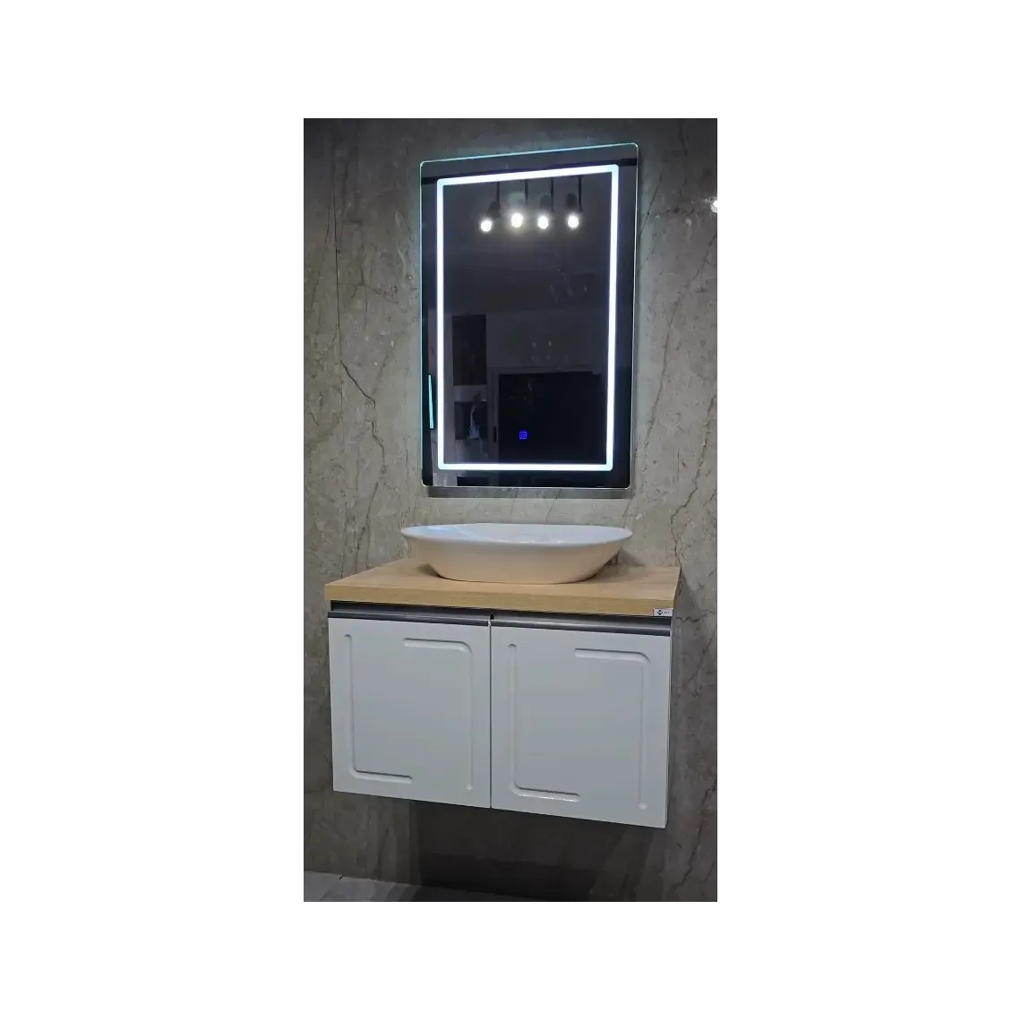 Mobilje Banjo MDF me PVC 80cm Bona + Lavaman 60cm Sistema Y Soft + Pasqyre LED 60x90cm 4603A