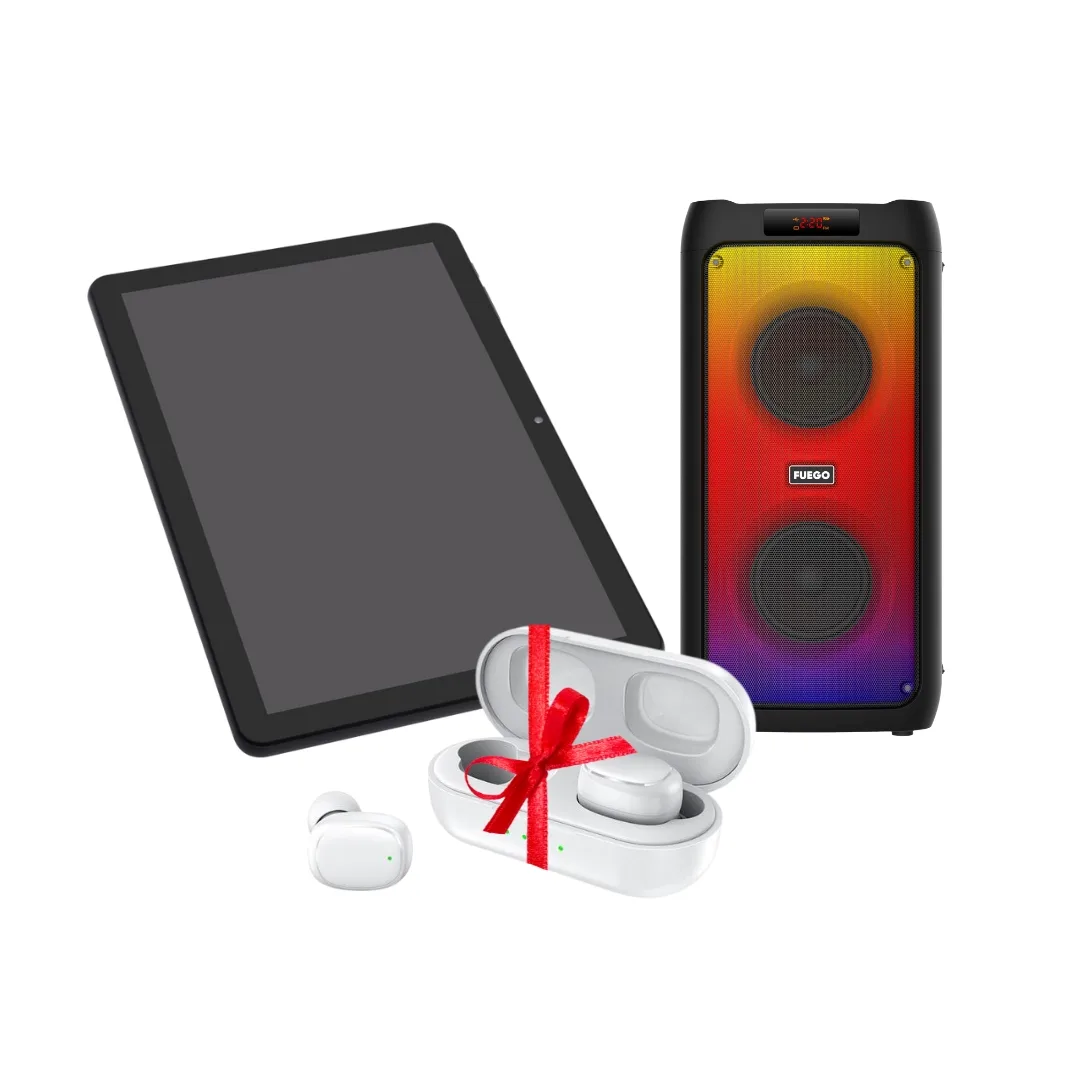 Tablet FUEGO FGTB10 10.1″ 4GB/64GB Tastjere + Mouse + Party Speaker Fuego PS26M 260W + Kufje Fuego T13 Pro White Dhuratë
